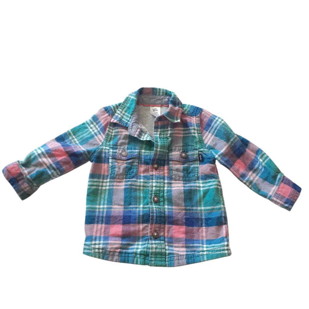 OshKosh B'gosh Plaid Button Down Shirt Lined Long Sleeved Blue Green Pink 12M